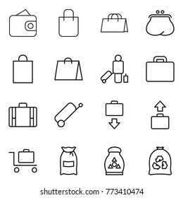 Thin line icon set : wallet, shopping bag, purse, passenger, suitcase, baggage get, trolley, flour, fertilizer, garbage