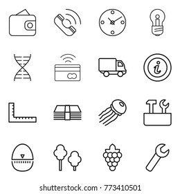 Thin line icon set : wallet, call, clock, bulb, dna, tap to pay, delivery, info, ruler, money, jellyfish, repair tools, egg timer, trees, grape, wrench