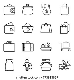 Thin line icon set : wallet, purse, money gift, shopping bag, add to basket, suitcase, baggage checking, trolley, flour, trash, washing powder, construct garbage