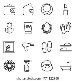 Thin line icon set : wallet, necklace, lipstick, perishable, uv cream, hawaiian wreath, flip flops, flower in window, hair dryer, slippers, sprayer, soap, bath