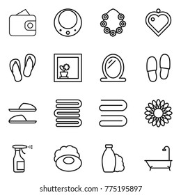 Thin line icon set : wallet, necklace, hawaiian wreath, heart pendant, flip flops, flower in window, mirror, slippers, towels, towel, sprayer, soap, shampoo, bath