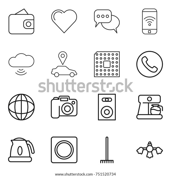 thin line\
icon set : wallet, heart, discussion, phone wireless, cloud, car\
pointer, cpu, globe, camera, speaker, coffee maker, kettle, ring\
button, rake, hard reach place\
cleaning