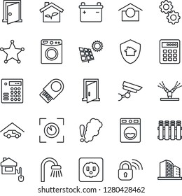 Thin Line Icon Set - warehouse storage vector, sun panel, garage, bathroom, home control, eco house, socket, wireless lock, irrigation, gear, washer, smoke detector, radiator, eye scan, protect