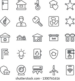 Thin Line Icon Set - warehouse vector, house, with tree, sold signboard, estate agent, key, sweet home, smart, fan, water heater, web camera, air conditioner, filter, smoke detector, thermometer
