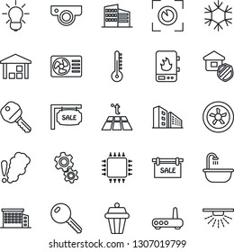 Thin Line Icon Set - warehouse vector, sale, office building, key, bathroom, estate insurance, chip, fan, water heater, router, web camera, snowflake, air conditioner, gear, smoke detector, bulb