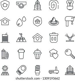 Thin Line Icon Set - warehouse storage vector, office building, sun panel, water supply, key, sweet home, city house, estate insurance, irrigation, router, web camera, filter, warm floor, bulb