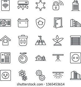 Thin Line Icon Set - warehouse storage vector, house with tree, office building, city, socket, wireless lock, irrigation, air conditioner, gear, warm floor, jalousie, home protect, police, trash bin
