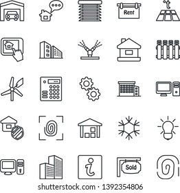 Thin Line Icon Set - warehouse vector, office building, house, garage, rent, sold signboard, estate insurance, fingerprint, irrigation, snowflake, pc, home control app, gear, radiator, warm floor