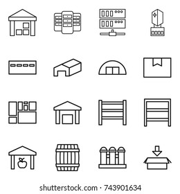 thin line icon set : warehouse, server, crystall memory, bunker, hangare, package box, consolidated cargo, rack, barrel, grain elevator