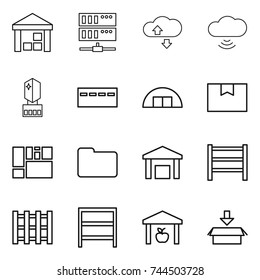 thin line icon set : warehouse, server, cloude service, cloud wireless, crystall memory, bunker, hangare, package box, consolidated cargo, documents, rack, pallet