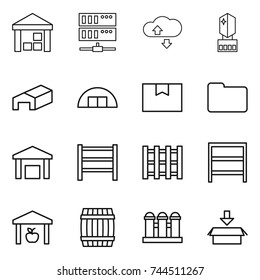 thin line icon set : warehouse, server, cloude service, crystall memory, hangare, package box, documents, rack, pallet, barrel, grain elevator