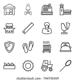 thin line icon set : warehouse, hoverboard, cashbox, church, japanese house, ruler, support manager, broken, shield, flip flops, radiator, kettle, seedling, sun, tractor, duster