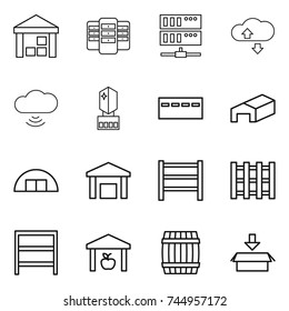 thin line icon set : warehouse, server, cloude service, cloud wireless, crystall memory, bunker, hangare, rack, pallet, barrel, package