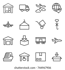 thin line icon set : warehouse, delivery, journey, plane, loading crane, trolley, do not hook sign, package, railroad shipping, cruise ship