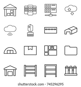 thin line icon set : warehouse, server, cloude service, cloud wireless, crystall memory, bunker, hangare, package box, consolidated cargo, documents, rack, grain elevator