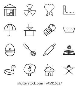 thin line icon set : warehouse, nuclear, cardio chip, ruler, dry cargo, package, jellyfish, colander, egg timer, whisk, rolling pin, field, goose, garden, house cleaning, iron board