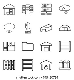 thin line icon set : warehouse, server, cloude service, cloud wireless, crystall memory, hangare, consolidated cargo, documents, rack, pallet, grain elevator