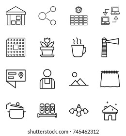 thin line icon set : warehouse, molecule, sun power, notebook connect, cpu, flower, hot drink, lighthouse, location details, workman, landscape, curtain, steam pan, spices, hard reach place cleaning