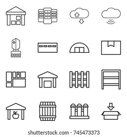 thin line icon set : warehouse, server, cloud service, cloud wireless, crystall memory, bunker, hangar, package box, consolidated cargo, pallet, rack, barrel, grain elevator