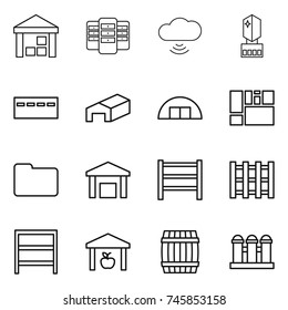 thin line icon set : warehouse, server, cloud wireless, crystall memory, bunker, hangare, consolidated cargo, documents, rack, pallet, barrel, grain elevator
