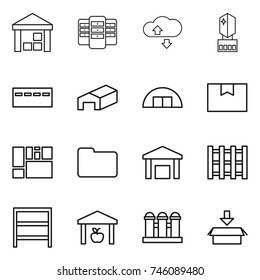 thin line icon set : warehouse, server, cloude service, crystall memory, bunker, hangare, package box, consolidated cargo, documents, pallet, rack, grain elevator