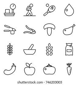thin line icon set : warehouse scales, tourist, tennis, drop, garlic clasp, walnut crack, mushroom, chicken leg, spikelets, mortar, flour, eggplant, apple, tomato, carrot