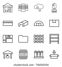 thin line icon set : warehouse, server, cloude service, crystall memory, bunker, hangare, package box, consolidated cargo, documents, pallet, rack, barrel, grain elevator