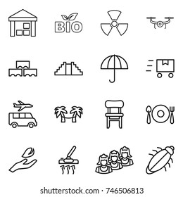 thin line icon set : warehouse, bio, nuclear, drone, block wall, pyramid, dry cargo, fast deliver, transfer, palm hammock, chair, fork spoon plate, hand leaf, vacuum cleaner, outsource, bug