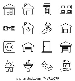 thin line icon set : warehouse, home, building, panel house, school, smart, real estate, power socket, garage, door, cleaning, water tap sink, wiping, housing