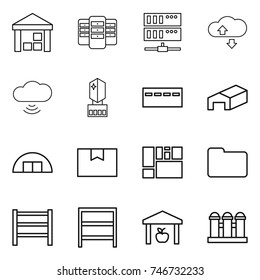 thin line icon set : warehouse, server, cloude service, cloud wireless, crystall memory, bunker, hangare, package box, consolidated cargo, documents, rack, grain elevator