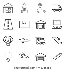 thin line icon set : warehouse, hoverboard, car pointer, delivery, road, package box, transporter tape, parachute, plane, train, escalator, baggage get, arrival, garage, stairs