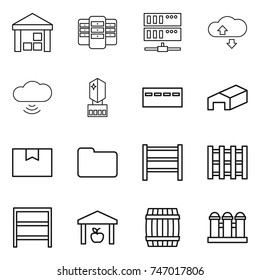 thin line icon set : warehouse, server, cloude service, cloud wireless, crystall memory, bunker, package box, documents, rack, pallet, barrel, grain elevator