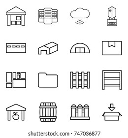 thin line icon set : warehouse, server, cloud wireless, crystall memory, bunker, hangare, package box, consolidated cargo, documents, pallet, rack, barrel, grain elevator