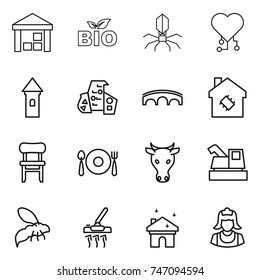 thin line icon set : warehouse, bio, virus, cardio chip, tower, modern architecture, bridge, smart house, chair, fork spoon plate, cow, harvester, wasp, vacuum cleaner, cleaning