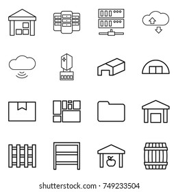 thin line icon set : warehouse, server, cloude service, cloud wireless, crystall memory, hangare, package box, consolidated cargo, documents, pallet, rack, barrel