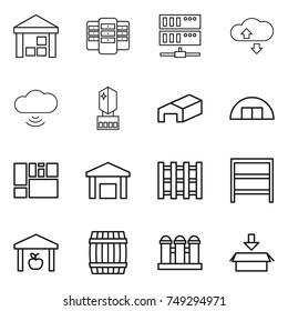 thin line icon set : warehouse, server, cloude service, cloud wireless, crystall memory, hangare, consolidated cargo, pallet, rack, barrel, grain elevator, package