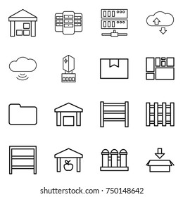thin line icon set : warehouse, server, cloude service, cloud wireless, crystall memory, package box, consolidated cargo, documents, rack, pallet, grain elevator