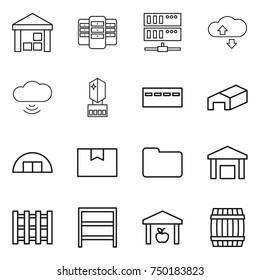 thin line icon set : warehouse, server, cloude service, cloud wireless, crystall memory, bunker, hangare, package box, documents, pallet, rack, barrel