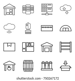 thin line icon set : warehouse, server, cloude service, cloud wireless, crystall memory, bunker, hangare, package box, consolidated cargo, rack, barrel, grain elevator
