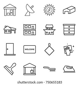 thin line icon set : warehouse, satellite antenna, sun power, house with garage, modular, japanese, chest of drawers, door, welcome mat, rag, wiping, scraper, utility room, brush, iron