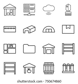thin line icon set : warehouse, server, cloud wireless, crystall memory, bunker, hangare, package box, consolidated cargo, documents, rack, barrel, grain elevator