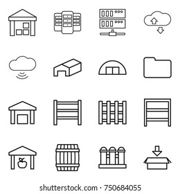 thin line icon set : warehouse, server, cloude service, cloud wireless, hangare, documents, rack, pallet, barrel, grain elevator, package