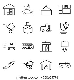 thin line icon set : warehouse, electric car, loading crane, consolidated cargo, trolley, package, fork loader, broken, fast deliver, bus, detector, baggage get, stairs, wheelbarrow, pickup