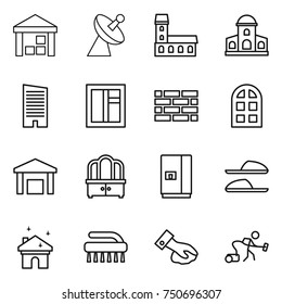 thin line icon set : warehouse, satellite antenna, mansion, skyscraper, window, brick wall, arch, dresser, fridge, slippers, house cleaning, brush, wiping, vacuum cleaner