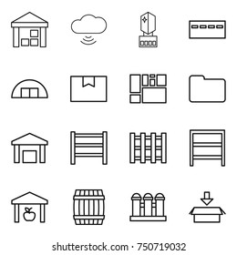thin line icon set : warehouse, cloud wireless, crystall memory, bunker, hangare, package box, consolidated cargo, documents, rack, pallet, barrel, grain elevator