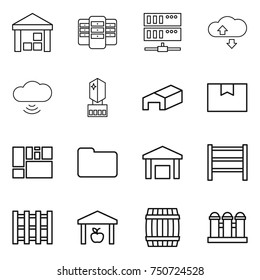 thin line icon set : warehouse, server, cloude service, cloud wireless, crystall memory, package box, consolidated cargo, documents, rack, pallet, barrel, grain elevator