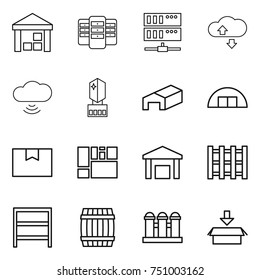 thin line icon set : warehouse, server, cloude service, cloud wireless, crystall memory, hangare, package box, consolidated cargo, pallet, rack, barrel, grain elevator