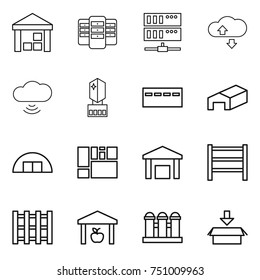 thin line icon set : warehouse, server, cloude service, cloud wireless, crystall memory, bunker, hangare, consolidated cargo, rack, pallet, grain elevator, package