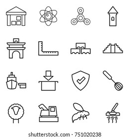 thin line icon set : warehouse, atom, spinner, tower, arch, ruler, block wall, pyramid, port, package, protected, whisk, sheep, harvester, wasp, vacuum cleaner