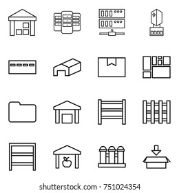thin line icon set : warehouse, server, crystall memory, bunker, package box, consolidated cargo, documents, rack, pallet, grain elevator